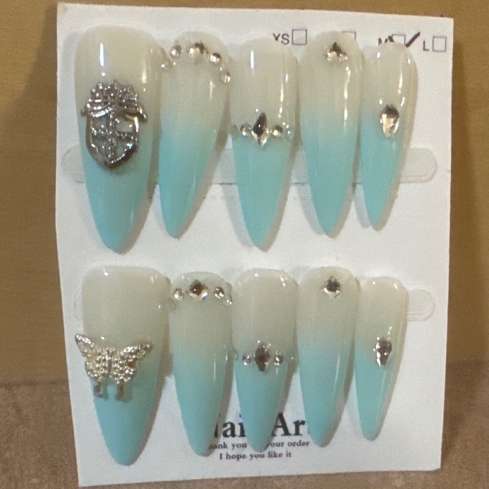 Mint Blue Ombre Press On Nails Butterfly Heart Charms Rhinestone Stiletto Medium